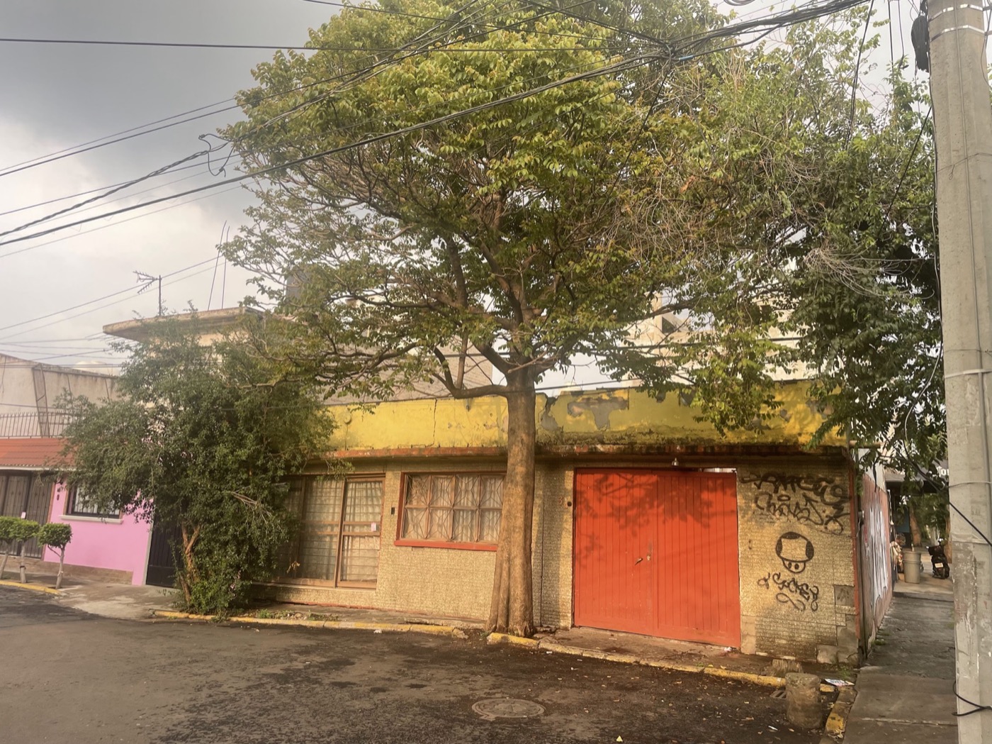 Casa de esquina en San Juan de Aragón: muro amarillo desconchado, portón rojo y un árbol al frente.